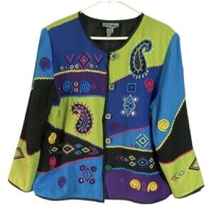 Indigo Moon Womens Blazer Size Large Boho Colorful Patchwork Embroidered